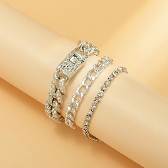🆕 Silver Modern Rhinestone Chain Bracelet Set - Picture 2 of 4